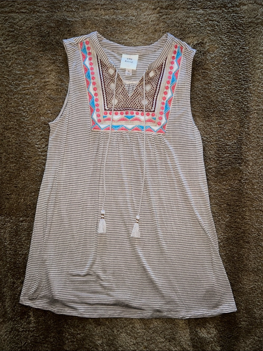 Knox Rose Stripe Tank with Embroidered Yoke and Tassels